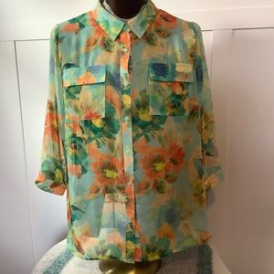 Lane Bryant Sheer Floral Button-Down Blouse in Aqua, Coral, Yellow